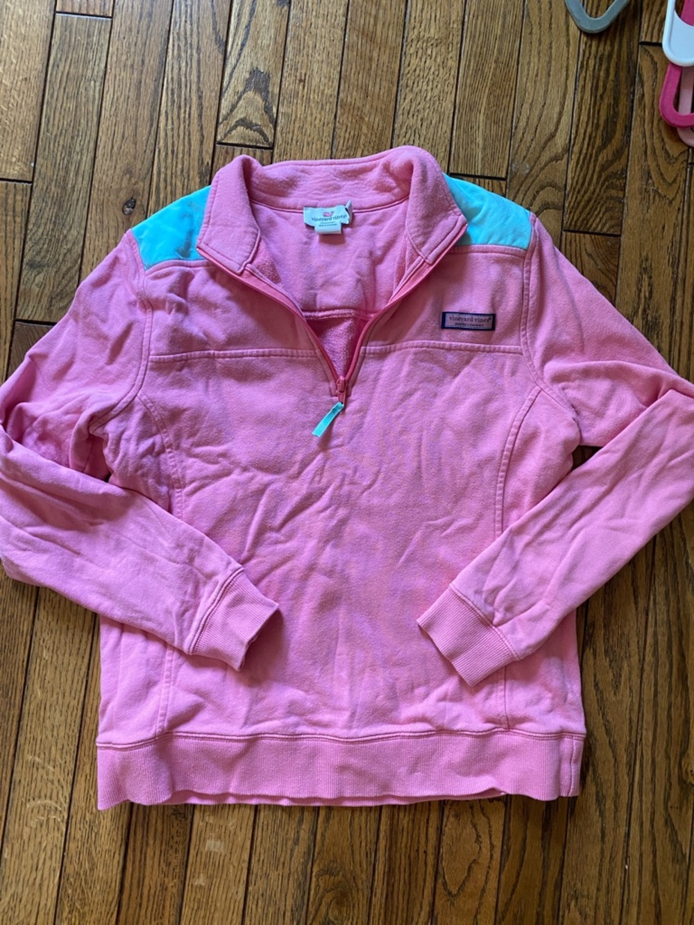 Vineyard Vines Pink Quarter-Zip Pullover with Aqua Shoulder Accents